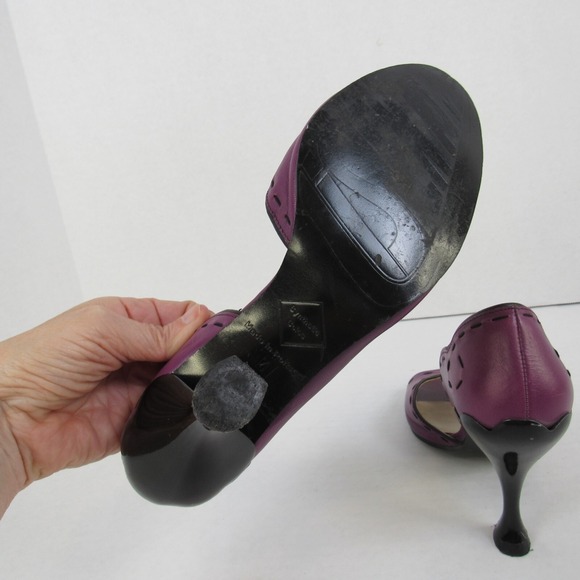 John Fluevog Hepburn Purple Leather Black Stitching Pumps Heels Open Toe - Picture 7 of 13